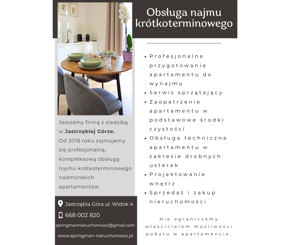 Jesteśmy firmą z siedzibą w Jastrzębiej Górze. Od 2018 roku zajmujemy się profesjonalną obsługą nadmorskich apartamentów. (3)